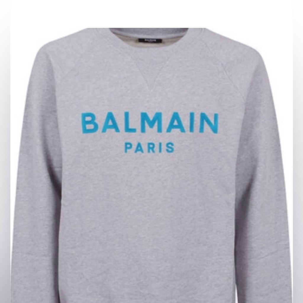 Balmain Paris Flock Blue Logo Spellout Pullover Sweatshirt In Grey Mens: Xxl New